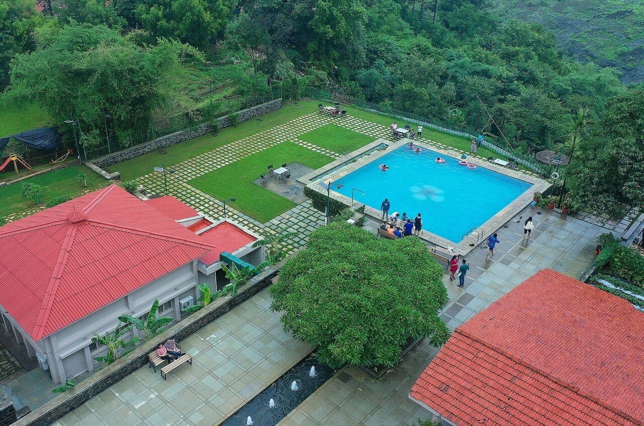 Aerial view of Manas Resort pool and facilities, Igatpuri